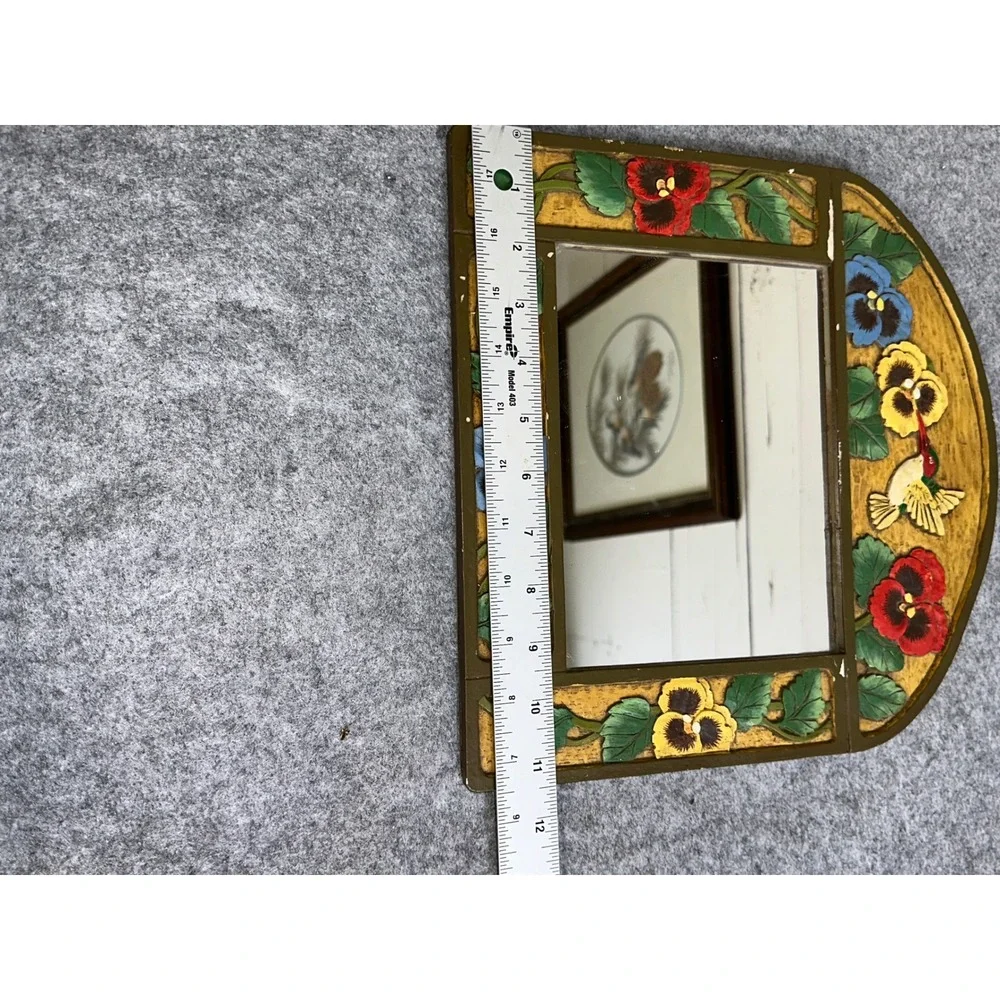 Vintage Hand Painted Pansy Hummingbird Floral Arched Wall Mirror Cottagecore